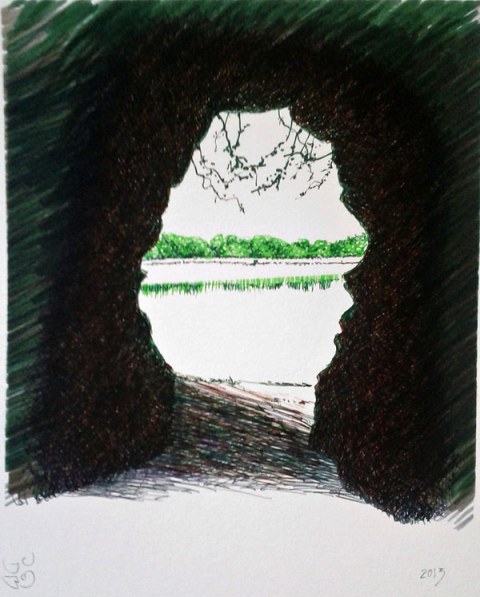 El Mar desde la Gruta y los reflejos del dique. © Ilustración:  José Carlos Sanz Belloso.