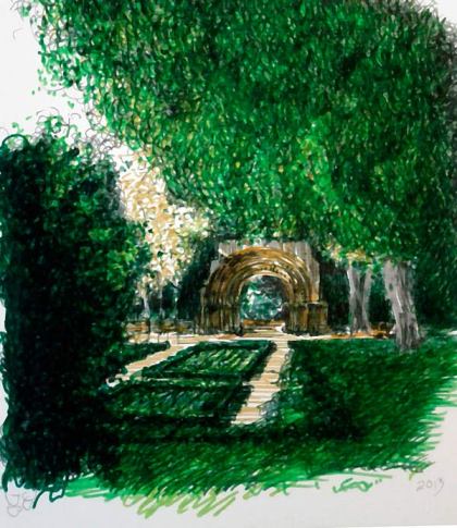 Paseo de la Isla. Vista con portada románica. © Ilustración: José Carlos Sanz Belloso.