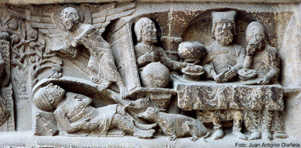 El banquete del rico Epulón y muerte del pobre Lázaro frente a la puerta de la casa del rico. / Moissac (Tarn-et-Garonne, Francia). Abadía de Saint-Pierre.