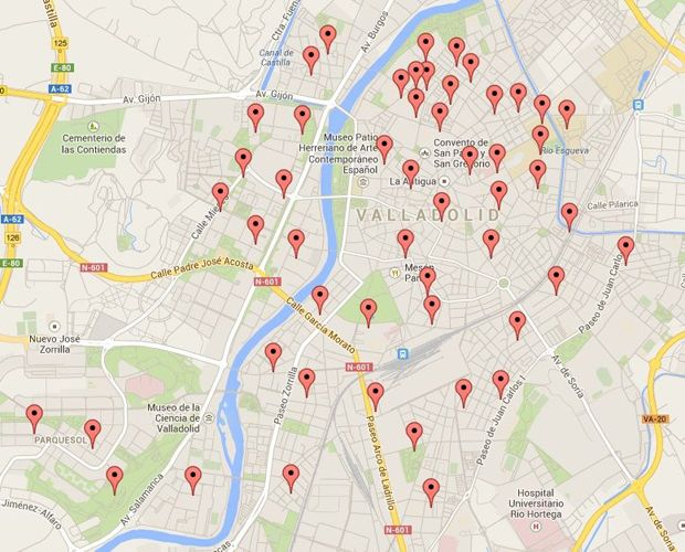Mapa con los lugares donde pueden escucharse los poemas geolocalizados en Valladolid.