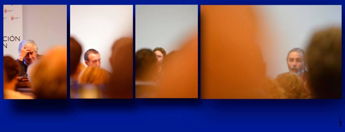 Al fondo de cada imagen: Antonio Gamoneda, Tomás Sánchez Santiago, Rafael Saravia y Alberto R. Torices. © Fotografía y montaje: José Domingo Gutiérrez.