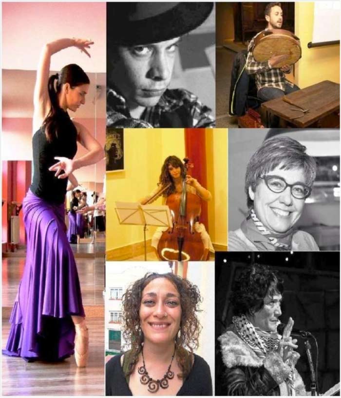 De izquierda a derecha y de arriba abajo: Silvia Domínguez (danza española), Juan Rafael (cartelista), Diego Acebo (luthier y música tradicional), Mónica Jorquera (violonchelo), Asunción Carrecedo (rapsoda), María Vázquez (rapsoda), Patricia Furlong (rapsoda).
