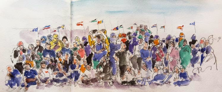 Niños y madres contemplan el desfile del 27 de Febrero,día de la Fiesta Nacional. © Ilustración: Javier de Blas.