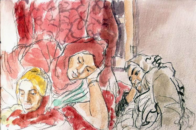 Las visitas son el alma de las relaciones en la sociedad saharaui. Mujeres comentan, relajadas, cosas de la tablet. © Ilustración: Javier de Blas.