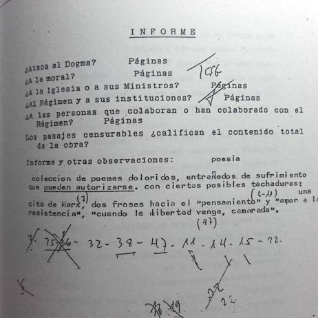 Expediente de la censura: lector "don 14" y apuntes sobre las páginas censuradas.