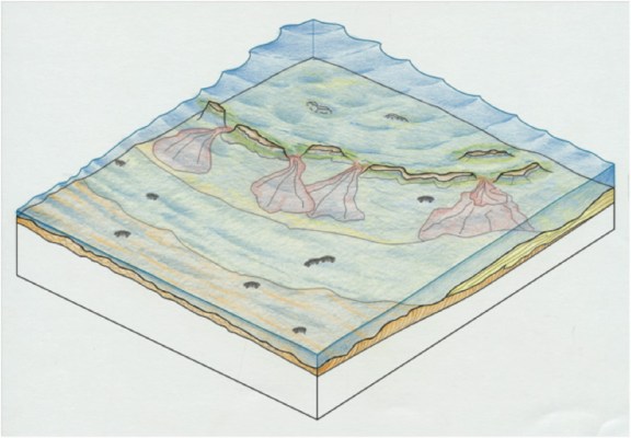 Reconstrucción del aspecto que podría tener el mar cretácico, cálido y somero en latitudes subtropicales, que cubrió la provincia de Segovia hace entre 84 y 79 millones de años.
