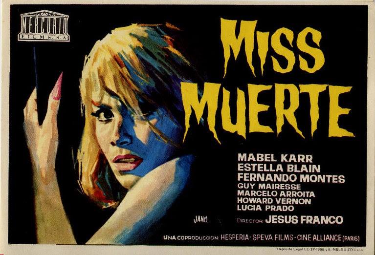 Folleto de mano de The Diabolical Dr. Z aka Miss Muerte (1966), dibujado por Jano. El cartel y la guía de sala tenían una ilustración diferente y para Jess Franco fue su primer éxito fuera de España.